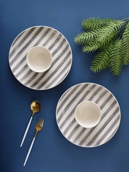 VarEesha - Grey Striped White 4 Pc Dinner Set