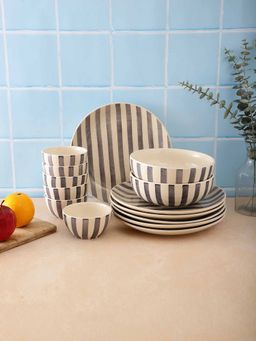 VarEesha - Grey Striped White 14 Pc Dinner Set
