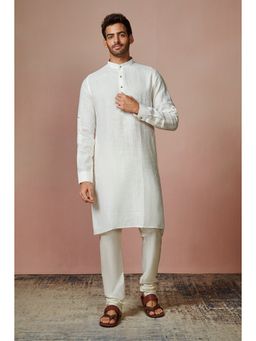 Manyavar - Off White & Cream Linen Mandarin Collar Kurta Only