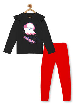 KiddoPanti - Girls Black Whoop Print Full Sleeve Top & Solid Leggings