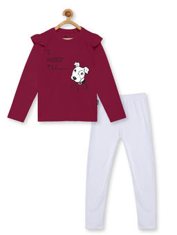 KiddoPanti - Girls Magenta Dog Print Full Sleeve Top & Solid Leggings