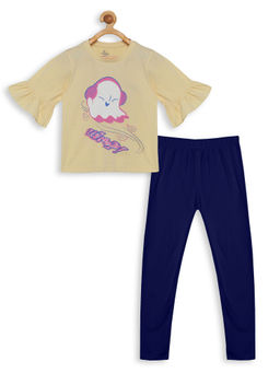 KiddoPanti - Girls Cream Whoop Print Frill Half Sleeve Top & Solid Leggings