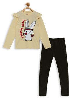 KiddoPanti - Girls Yellow Work Harder Print Full Sleeve Top & Solid Leggings