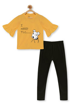 KiddoPanti - Girls Mustard Dog Print Frill Half Sleeve Top & Solid Leggings