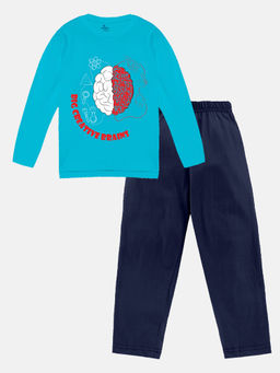 KiddoPanti - Boys Blue Big Creative Brains Full Sleeve Round Neck T-shirt & Pant