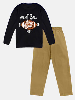 KiddoPanti - Boys Black Volley Ball Full Sleeve Round Neck T-shirt & Pant