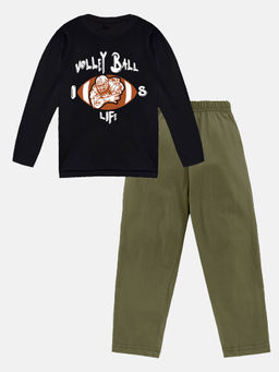 KiddoPanti - Boys Black Volley Ball Full Sleeve Round Neck T-shirt & Pant