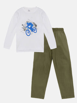 KiddoPanti - Boys White Bicycle Print Full Sleeve Round Neck T-shirt & Pant