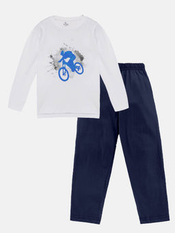 KiddoPanti - Boys Bicycle Print Full Sleeve Round Neck T-shirt & Pant