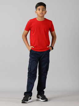 KiddoPanti - Boys Red Solid Round Neck T-shirt & Cargo Pant