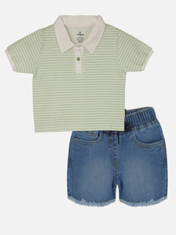 KiddoPanti - Girls Crop Length Polo T-shirt and Denim Hot Shorts