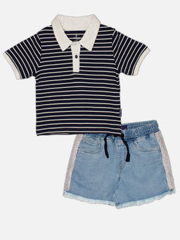 KiddoPanti - Girls Crop Length Polo T-shirt and Denim Shorts