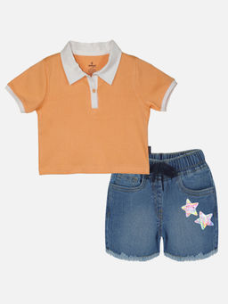 KiddoPanti - Girls Crop Length Polo T-shirt and Denim Hot Shorts