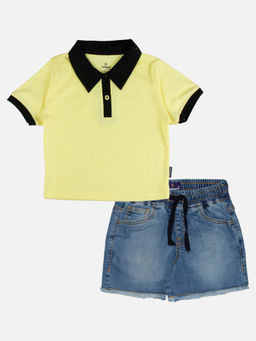 KiddoPanti - Girls Crop Length Polo T-shirt and Denim Shorts