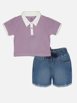 KiddoPanti - Girls Crop Length Polo T-shirt and Denim Hot Shorts