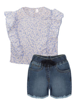 KiddoPanti - Girls Ruffle Floral Printed Top & Denim Shorts