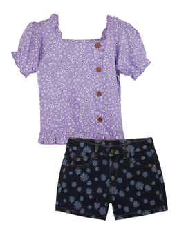 KiddoPanti - Girls Purple Puff Sleeve Floral Printed Top & Denim Shorts