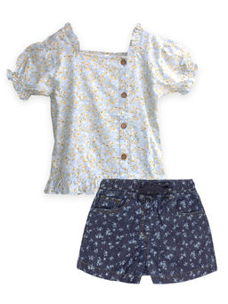 KiddoPanti - Girls Puff Sleeve Floral Printed Top & Denim Shorts