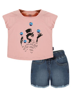 KiddoPanti - Girls Pink Printed T-shirt & Denim Hot Shorts