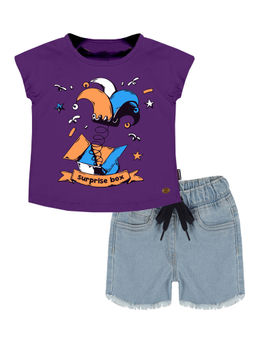 KiddoPanti - Girls Purple Printed T-shirt & Denim Hot Shorts
