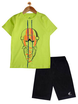 KiddoPanti - Boys Green Rider Printed T-shirt & Shorts