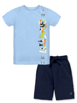 KiddoPanti - Boys Blue Graffiti Printed Half Sleeve T-shirt and Shorts