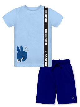 KiddoPanti - Boys Blue Peace Out Printed Half Sleeve T-shirt and Shorts