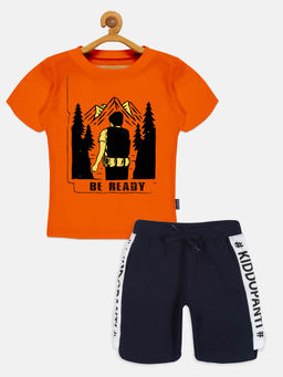 KiddoPanti - Boys Orange Printed T-shirt and Shorts