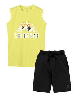 KiddoPanti - Boys Yellow Colorado Printed Sleeveless T-shirt and Shorts
