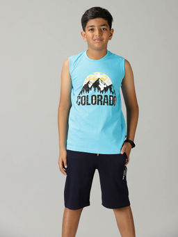 KiddoPanti - Boys Blue Colorado Printed Sleeveless T-shirt and Shorts