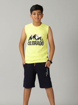 KiddoPanti - Boys Yellow Colorado Printed Sleeveless T-shirt and Shorts