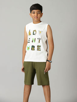KiddoPanti - Boys White Adventure Printed Sleeveless T-shirt and Shorts