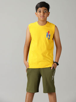 KiddoPanti - Boys Yellow Camp Life Printed Sleeveless T-shirt and Shorts