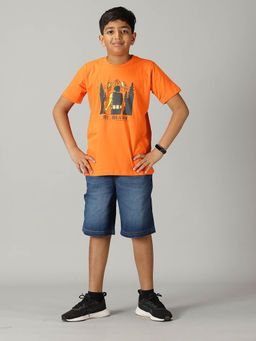 KiddoPanti - Boys Orange Be Ready Printed Round Neck T-shirt and Denim Shorts