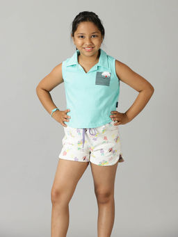 KiddoPanti - Girls Cropped Printed Polo T-shirt & Shorts