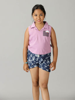KiddoPanti - Girls Cropped Printed Polo T-shirt & Shorts
