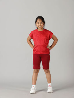 KiddoPanti - Girls Red Round Neck Basic Sports T-shirt & Shorts