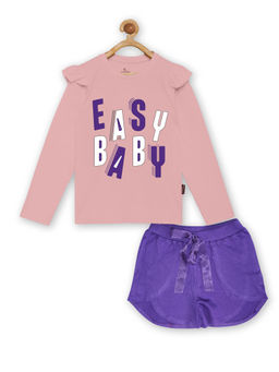 KiddoPanti - Girls Pink Easy Baby Print Full Sleeve Top & Shorts