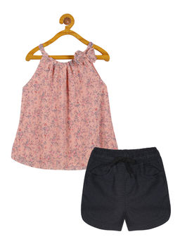 KiddoPanti - Girls Pink Round Neck Strap Top and Denim Shorts