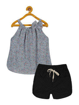 KiddoPanti - Girls Grey Round Neck Strap Top and Denim Shorts