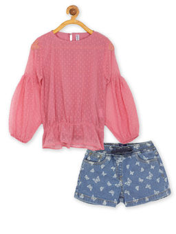 KiddoPanti - Girls Pink Balloon Sleeve Top & Butterfly Printed Denim Shorts