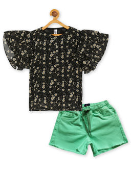 KiddoPanti - Girls Black Frill Sleeve Floral Top and Denim Hot Shorts