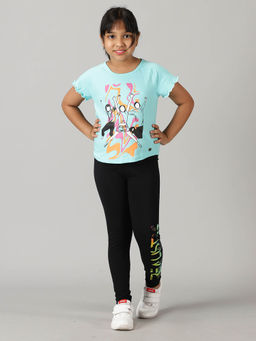 KiddoPanti - Girls Blue Printed Half Sleeves T-shirt & Leggings