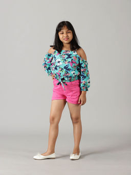 KiddoPanti - Girls Pink Cold Shoulder Top and Shorts