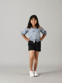 KiddoPanti - Girls Blue Cold Shoulder Top and Shorts