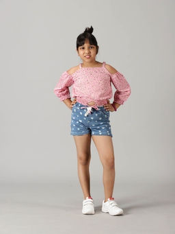 KiddoPanti - Girls Pink Cold Shoulder Top and Shorts