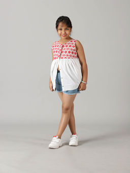 KiddoPanti - Girls Red & Yellow Reversible Cotton Top and Denim Shorts