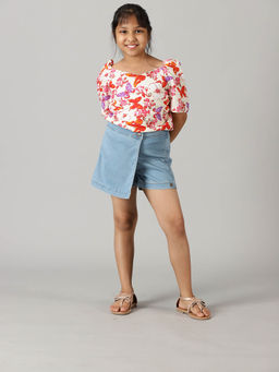 KiddoPanti - Girls White Ruched Sleeve Printed Top & Denim Skort