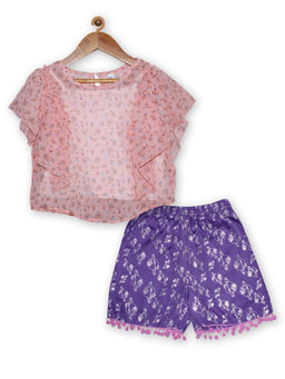 KiddoPanti - Girls Peach Floral Print Top and Shorts