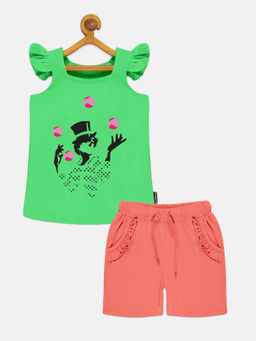 KiddoPanti - Girls Green Printed Square Neck Top and Hot Shorts